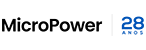 Logotipo da MicroPower: no lado esquerdo da imagem está escrito MicroPower na cor preta e, separado por uma linha cinza, a escrita 28 anos na cor azul.